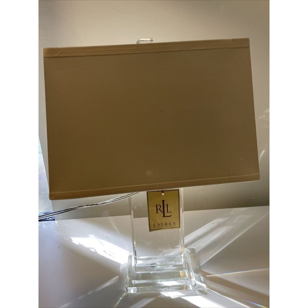 Ralph Lauren Lamp Crystal Block Clear Art Deco Table Heavy 19” NEW